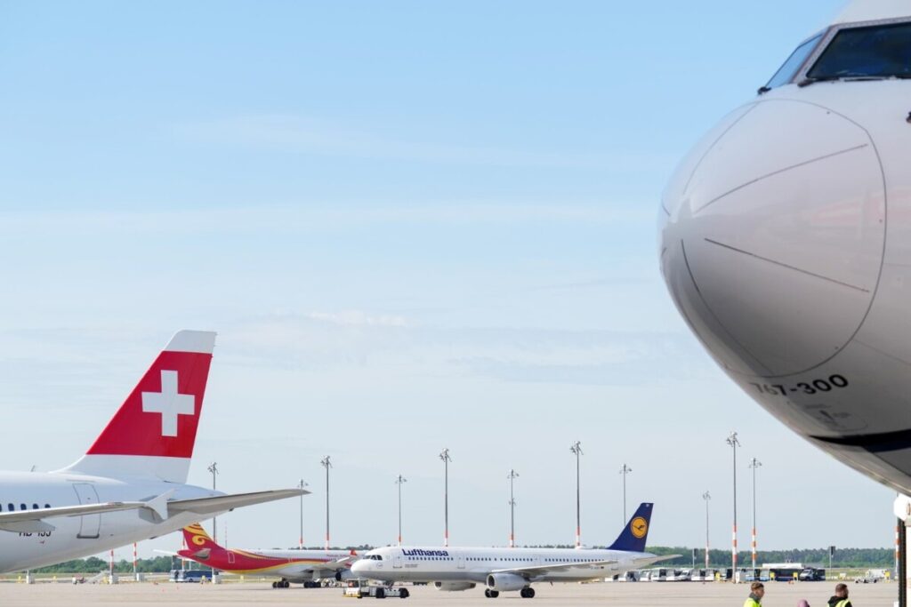Aircraft parked at Berlin Brandenburg Airport.