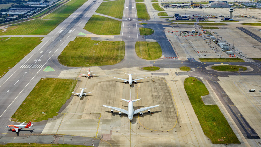 Aerial view of Gatwick Airport runway system.