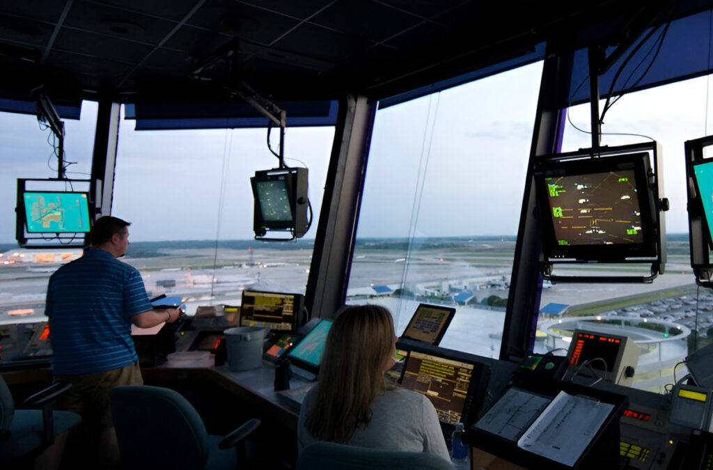 US air traffic controllers in tower.