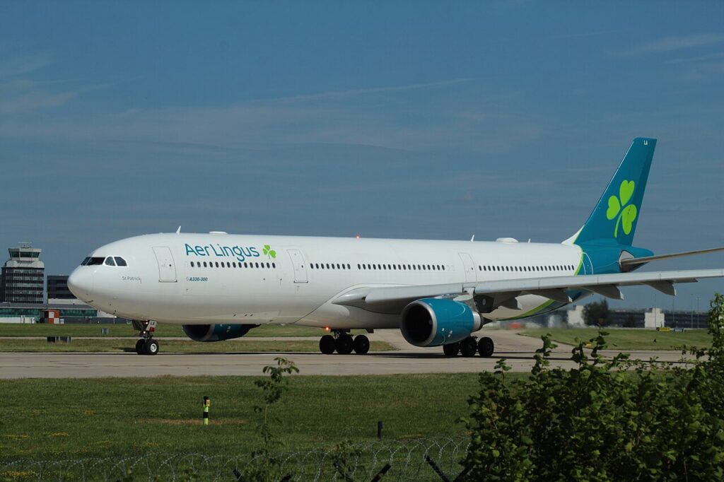 An Aer Lingus aircraft taxis at Manchester Airport